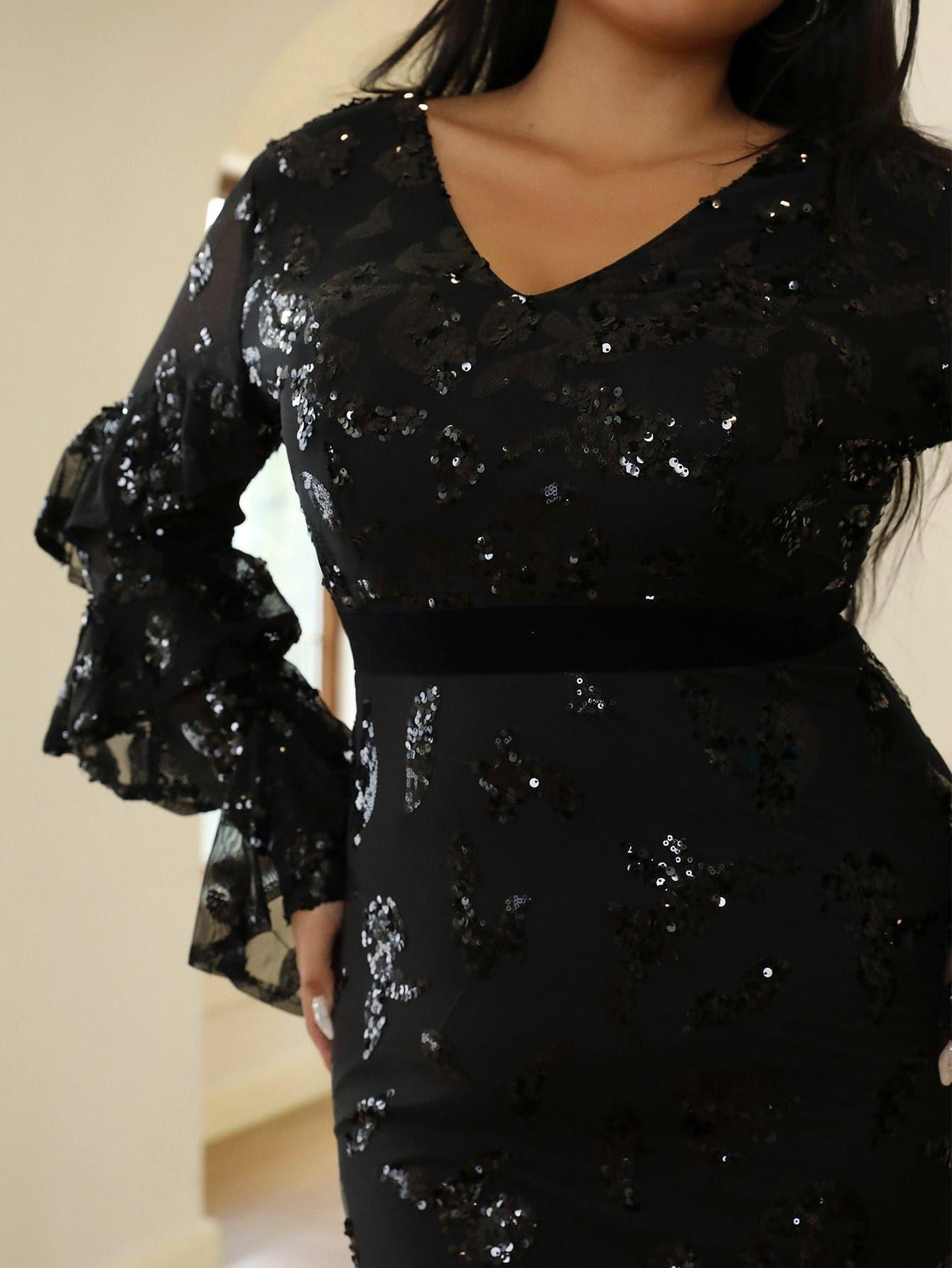 Vestido formal de lantejoulas pretas com decote em V de tamanho grande PXJ1461