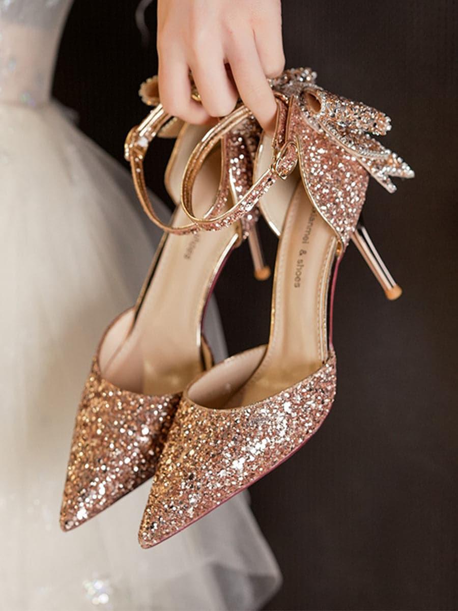 Sapatos de salto alto com decoração de lantejoulas e laço MHE1062