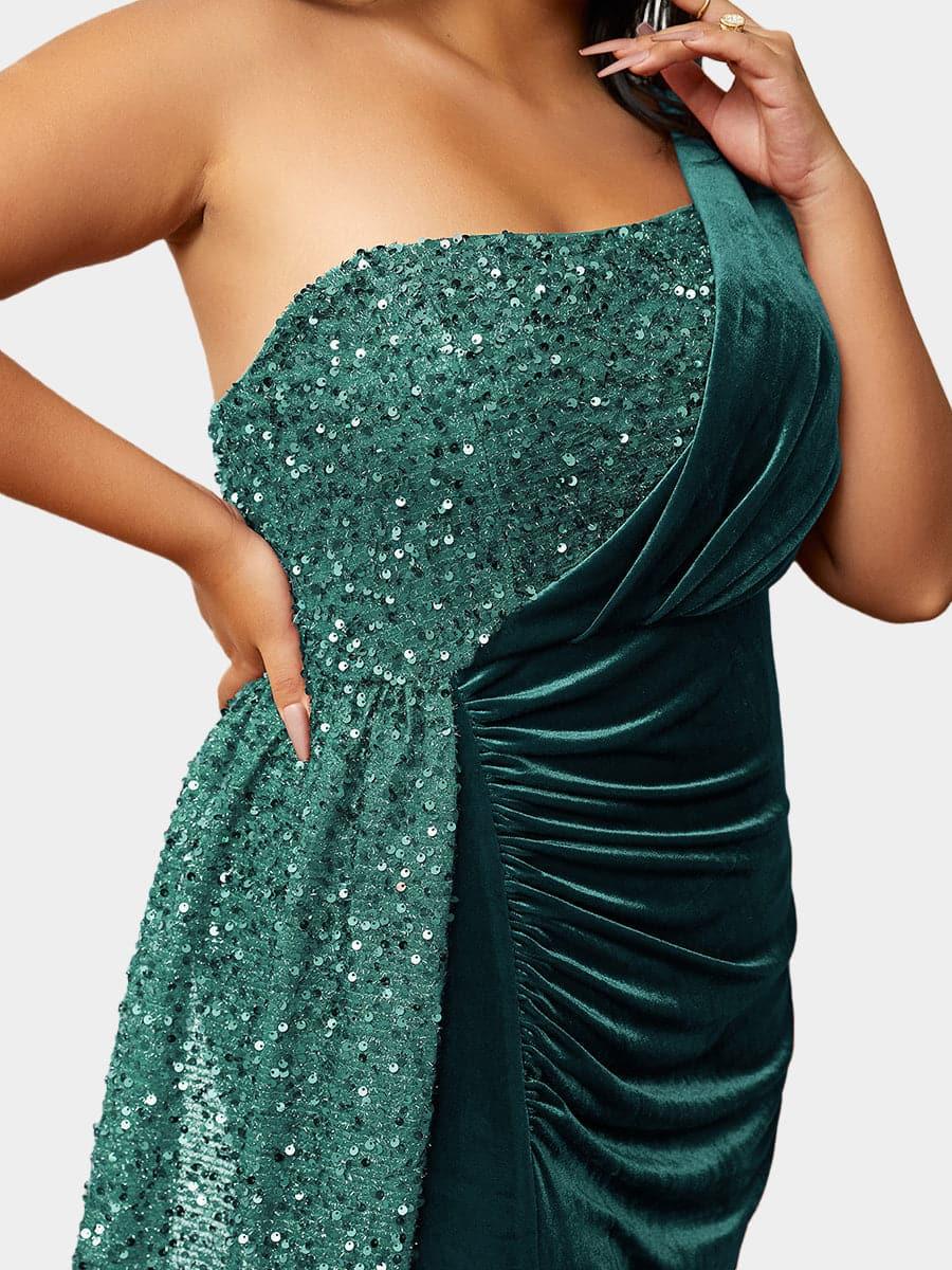 Vestido de baile de lantejoulas drapeado com um ombro, borgonha, tamanho grande PXH2356