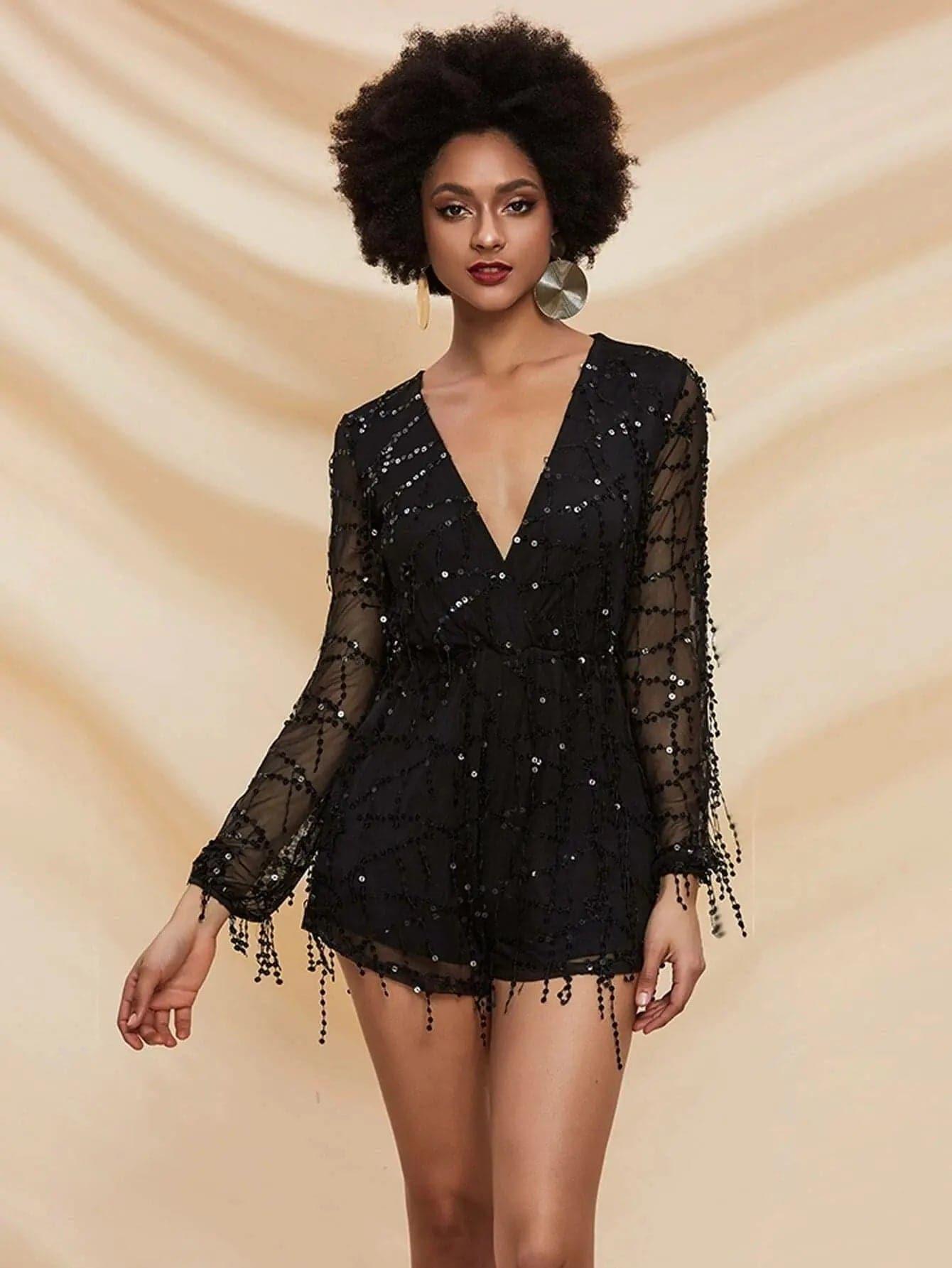 Romper profonde FT2800 de maille de paillette de douille pure de décolleté en V