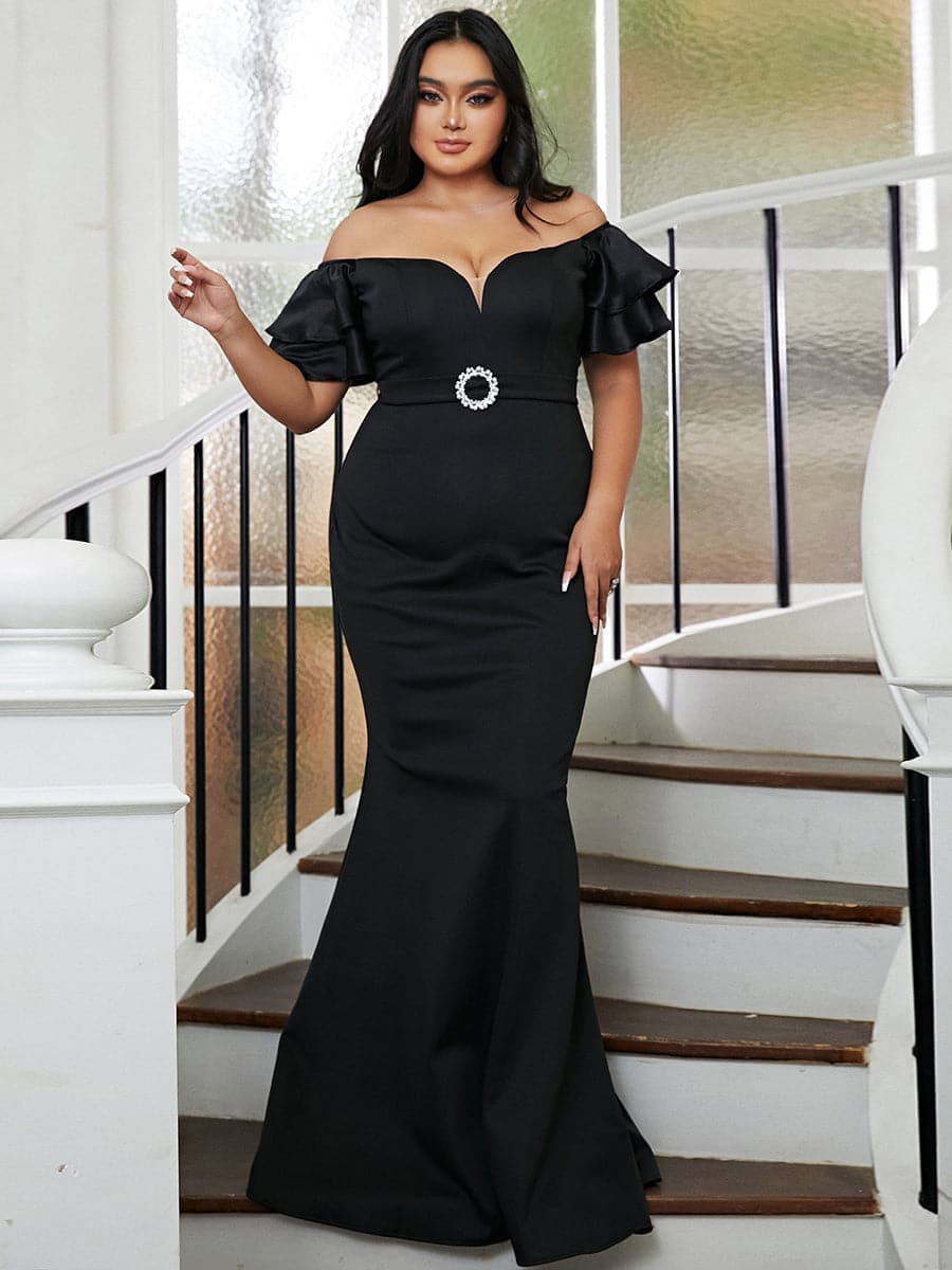 Plus Size svart off shoulder Lotus-ermet havfrue-kveldskjole PWY111