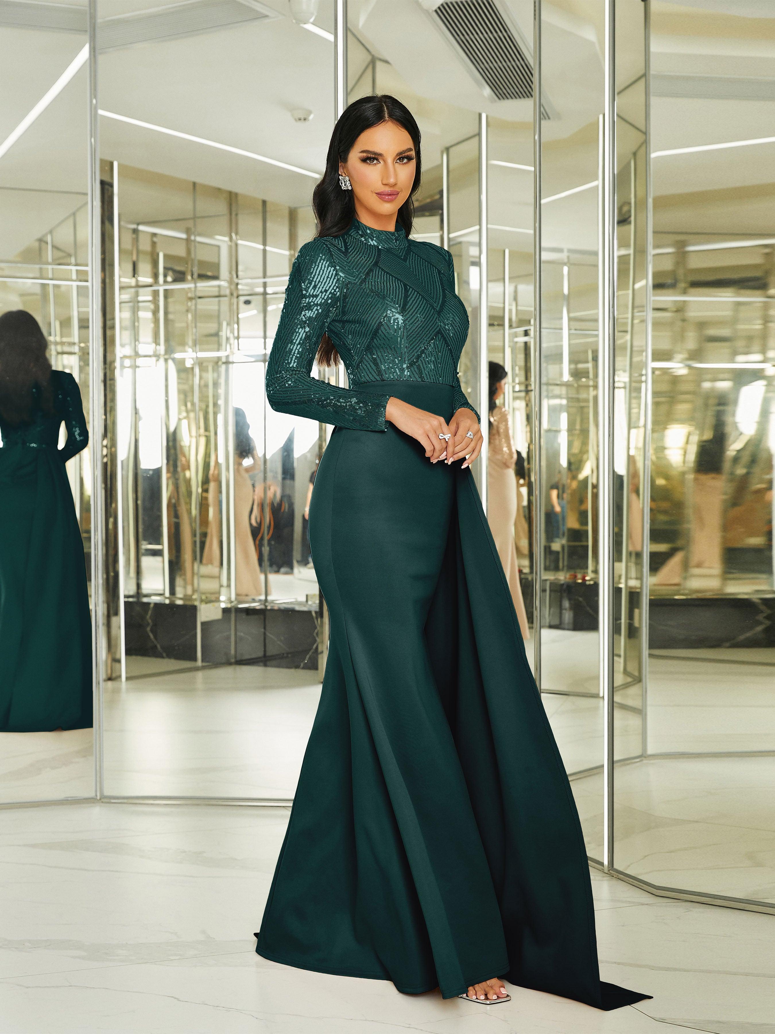 Vestido formal com lantejoulas de manga comprida drapeado M02153