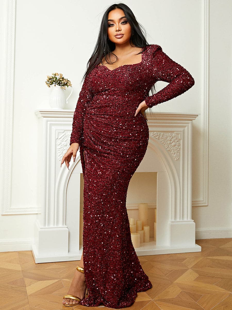 Plus Size langermet kjole med utringning i burgunderrøde paljetter PJM041L