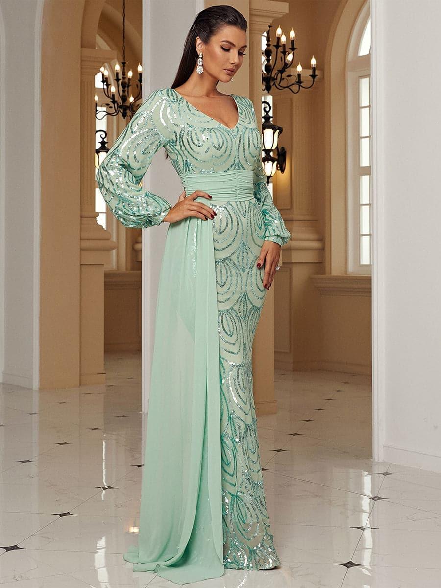 Vestido formal drapeado com lantejoulas e manga comprida XJ1524