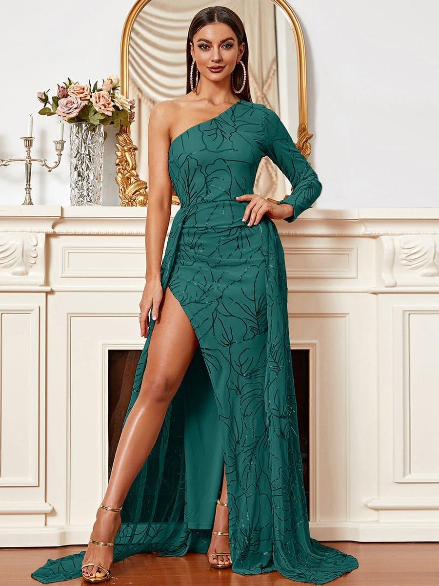 XJ987 Vestido de linha A com fenda num ombro