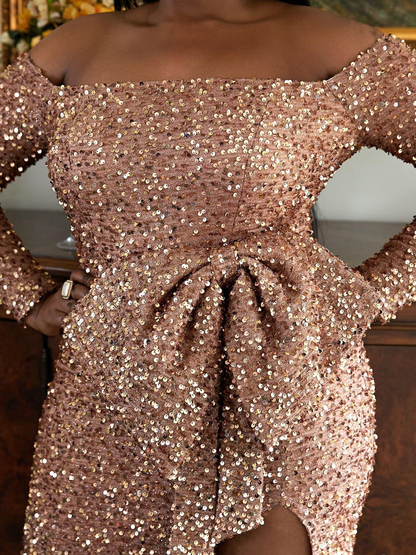 Vestido formal com nó e laço para tamanhos grandes PXH2122