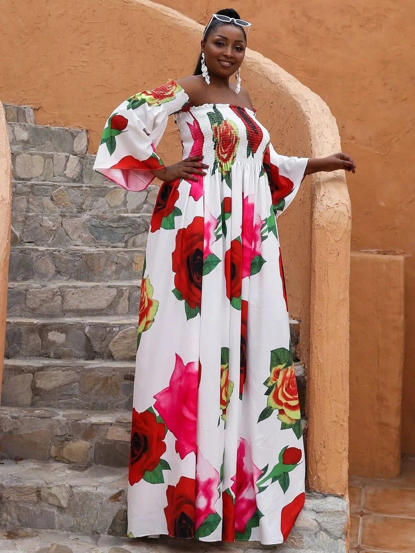 Missord Plus P0121 Vestido Bardot Estampado Floral Ruched