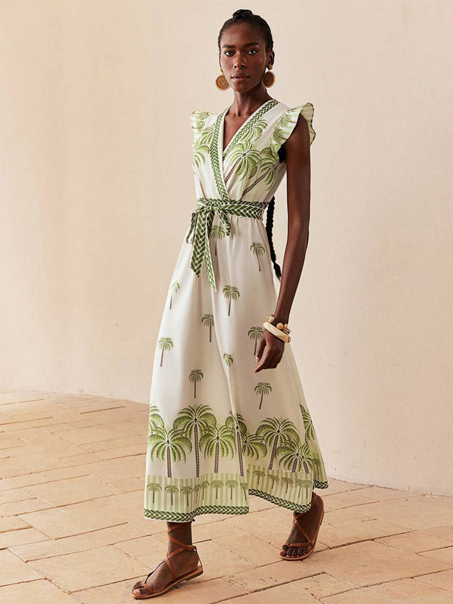Wrap Ruffled Printed Plants Vacation Dress YF25538