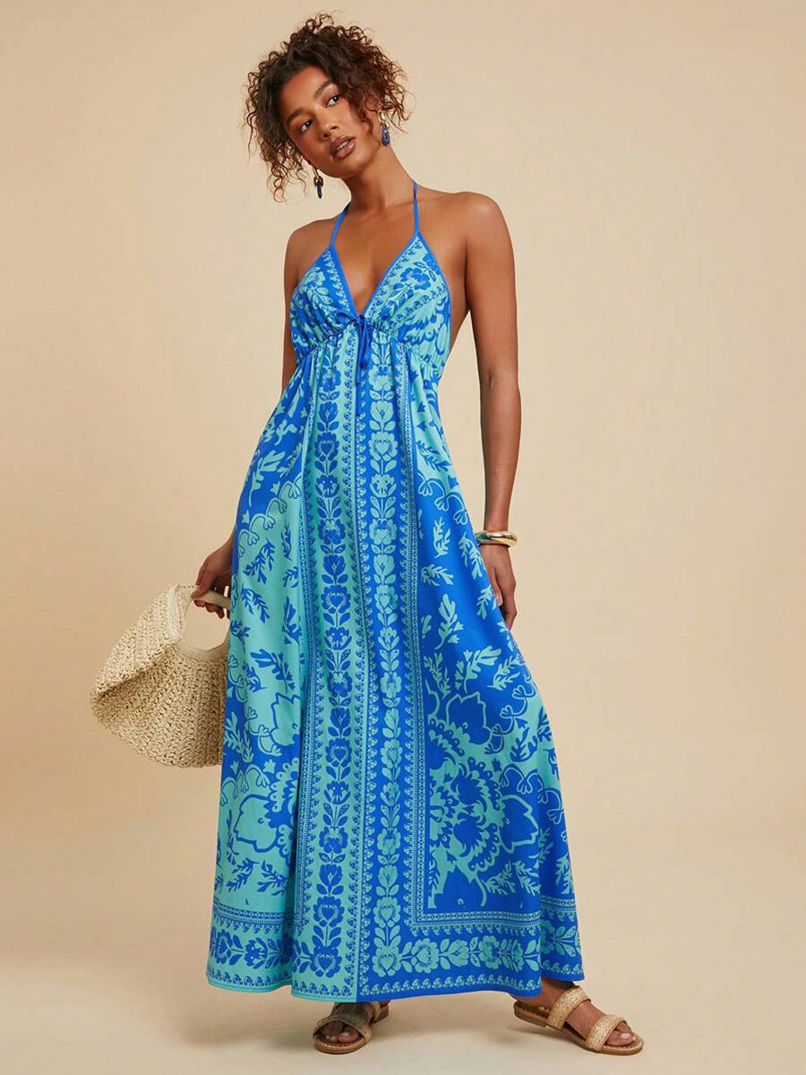 Blå Tribal Halter Backless Vacation Dress YF25526