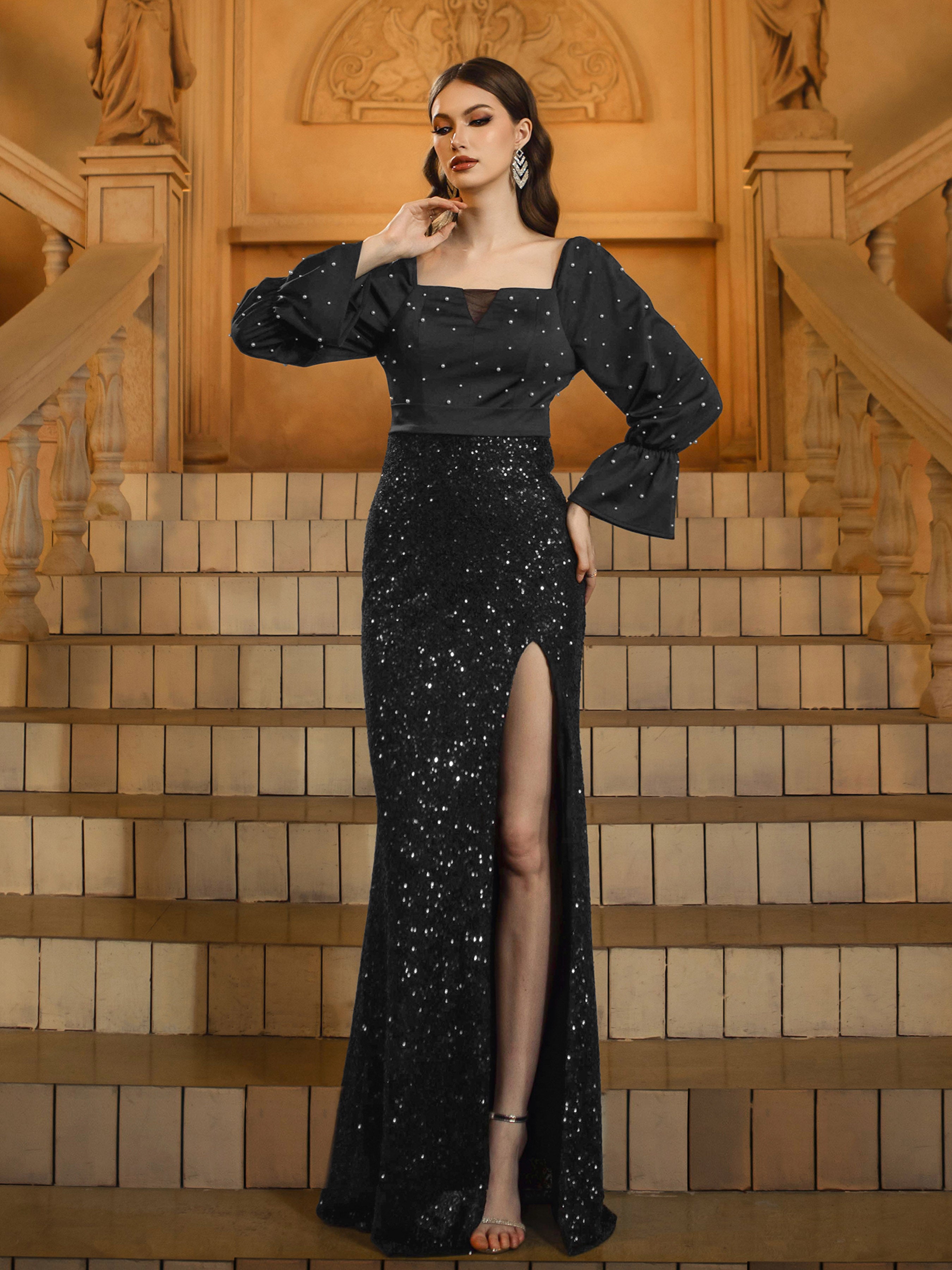 Polka Dots Square Neck Sequin Prom Dress GM00691