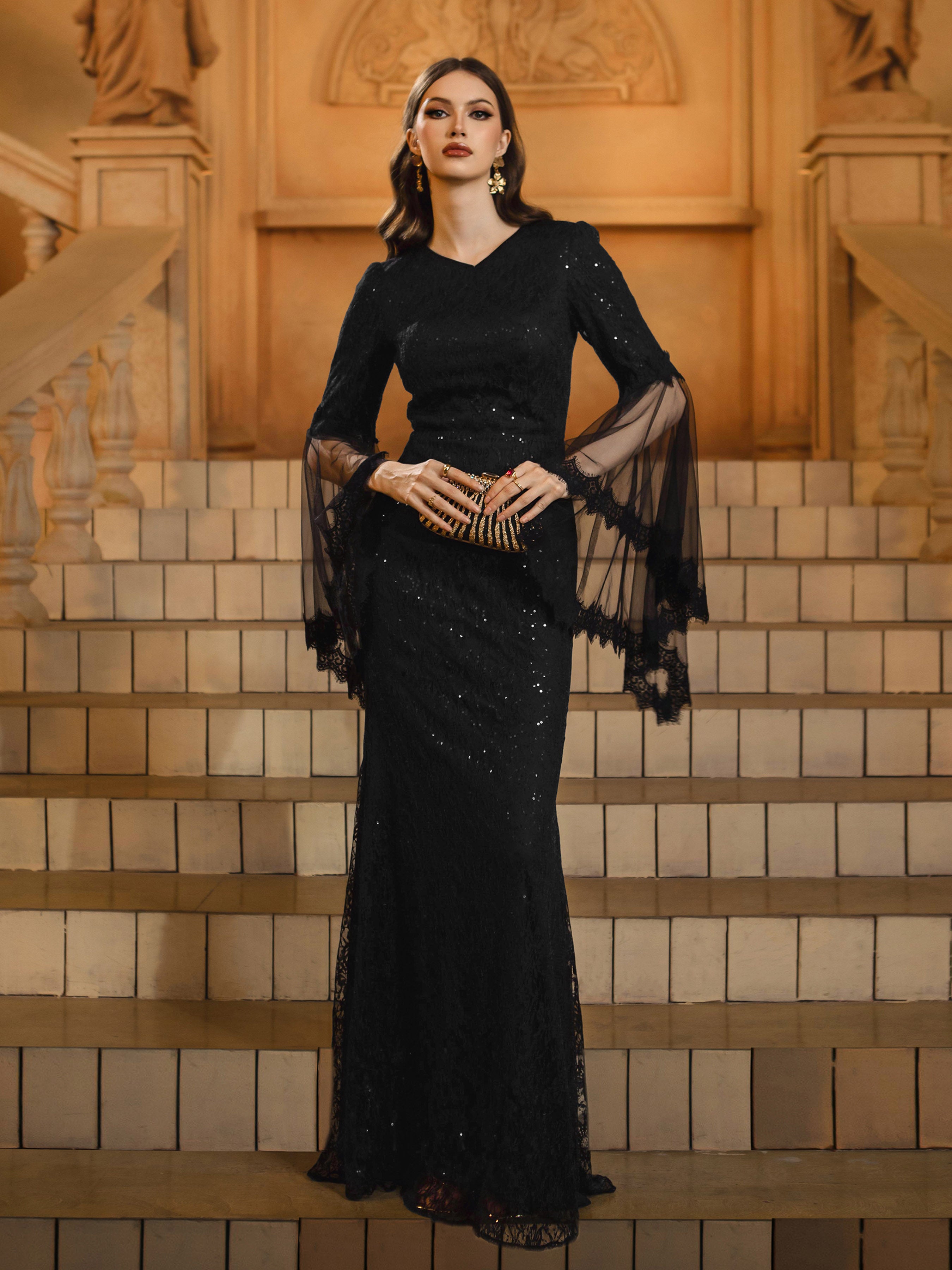 Sort V-udskæring Gothic Sequin Prom Dress DH80410