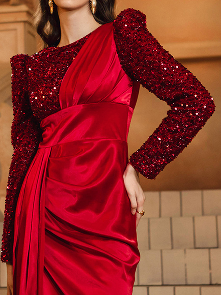 Vestido de Baile de Manga Comprida Ruched com Painel Vermelho DH80422