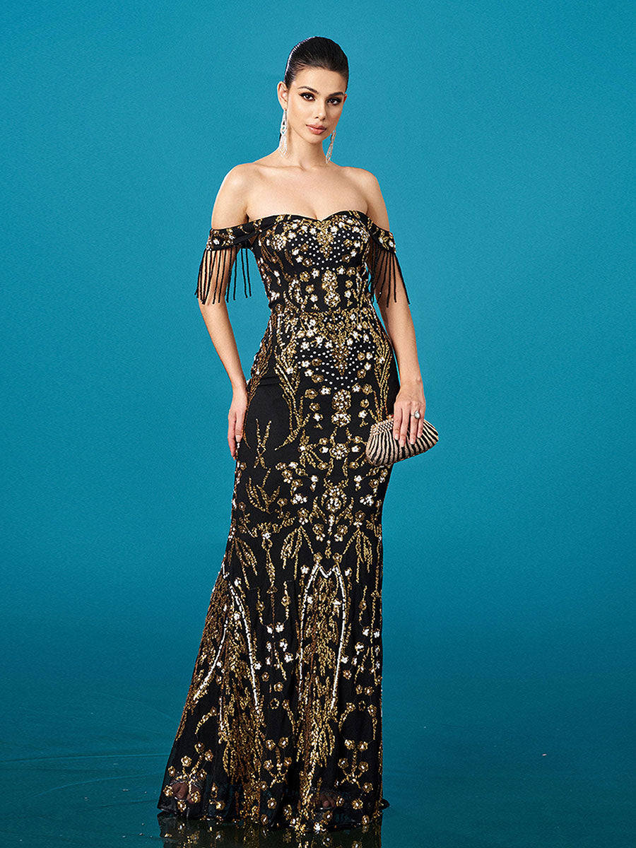 Off-the-shoulder blomstret paillet frynsekjole DH80448