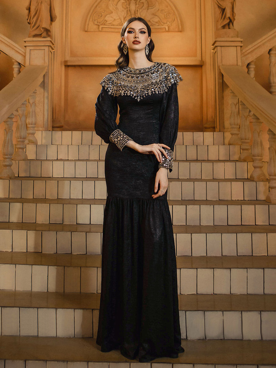 Pailletter Cape Collar Sort Muslimsk kjole MES72143