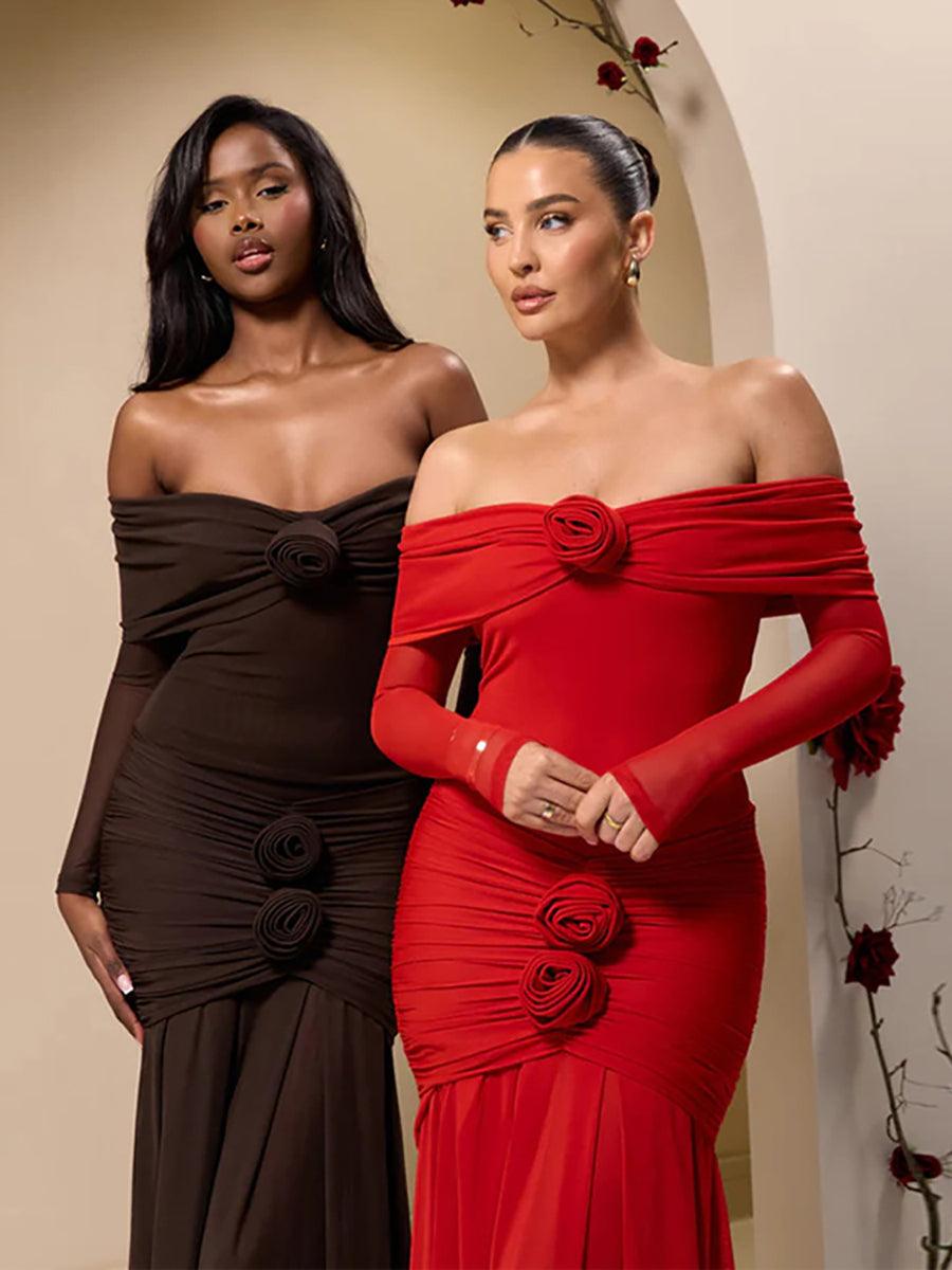 Vestido de baile com folhos florais e sem ombros MYC2028