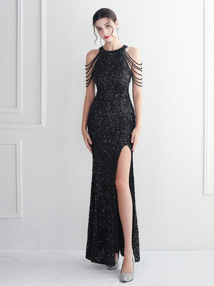 Vestido de cocktail elegante com lantejoulas e missangas com corrente MYC2003