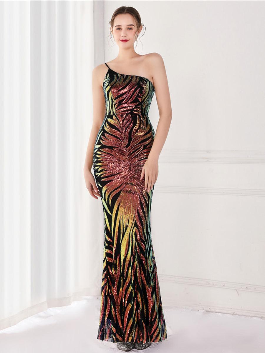 One Shoulder Sequin Graphic Mermaid Cocktail Dress MYC2002