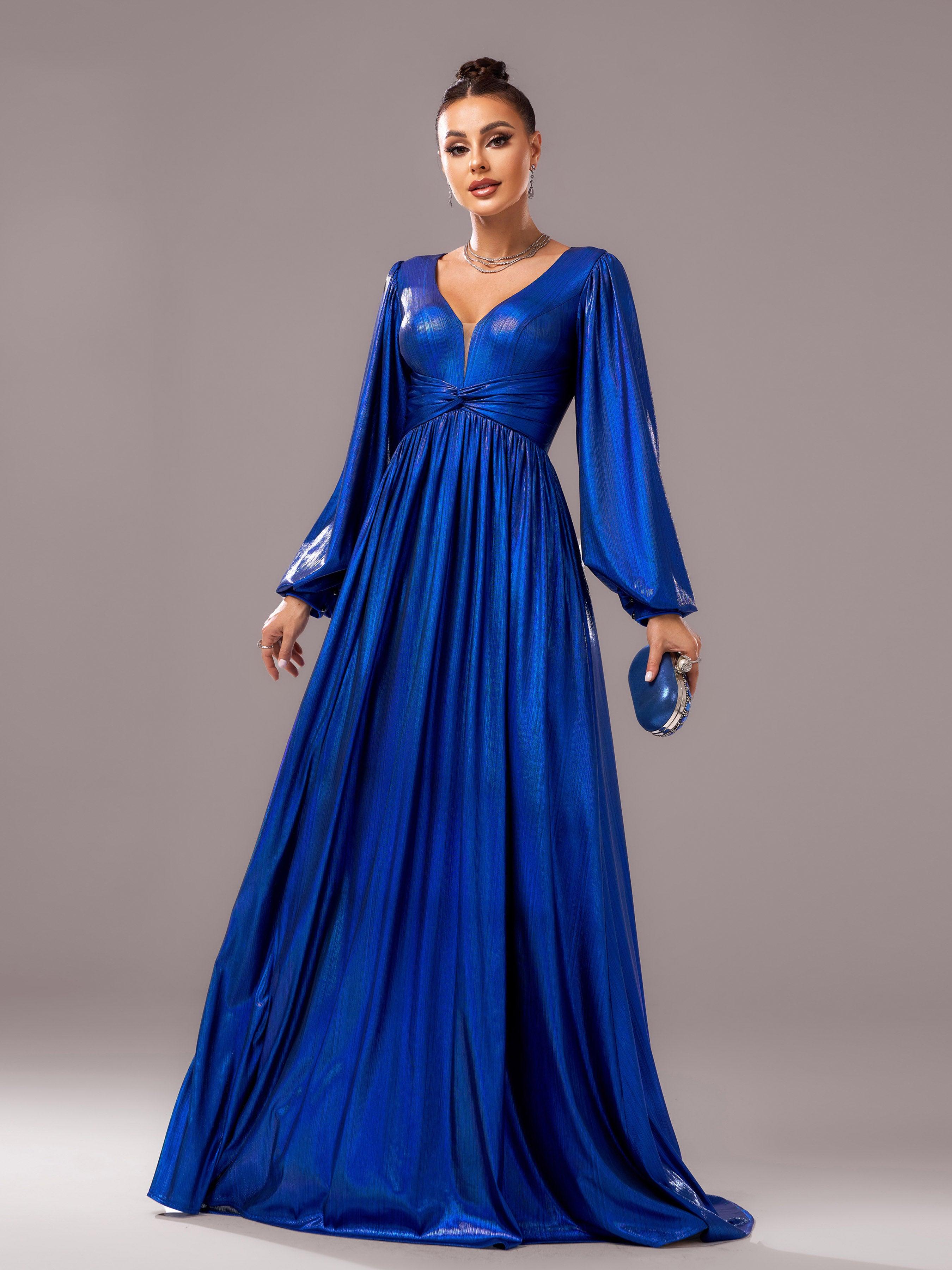 Blå V-udskæring Langærmet A-line Prom Dress DH80273