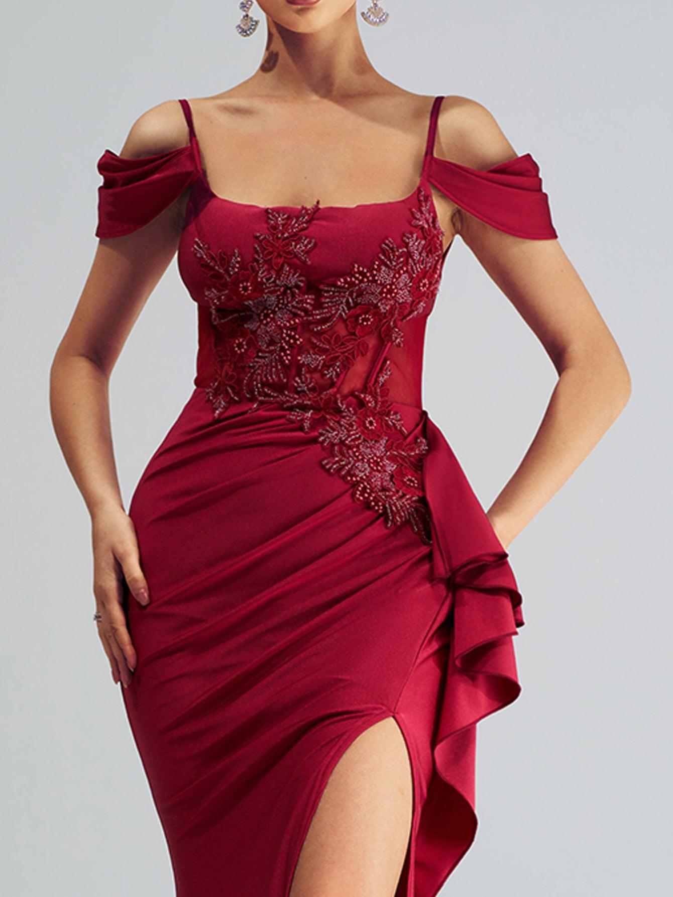 Vestido de baile sereia bordado vermelho com folhos DH80253