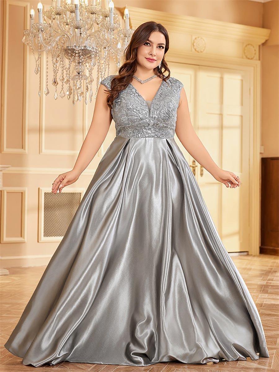 Plus Grey Panel V-hals A-line Prom Dress MCC1232