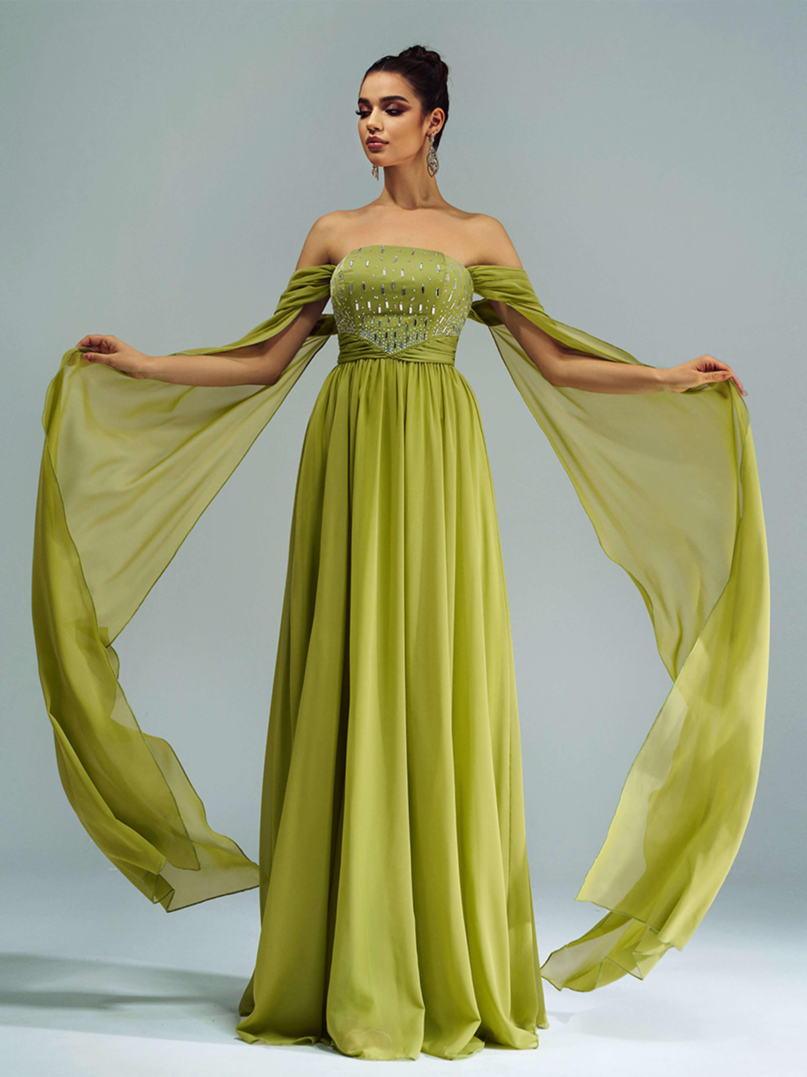 Grøn Chiffon Rhinestone Off Shoulder Prom Dress RX70147