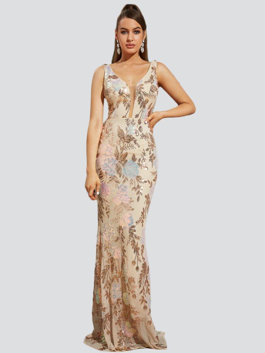 Vestido de noite com lantejoulas, sem mangas e floral XJ1986