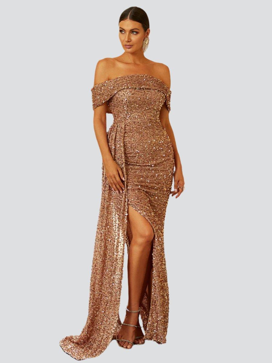 Vestido de baile de finalistas com lantejoulas e sem ombros XH2132