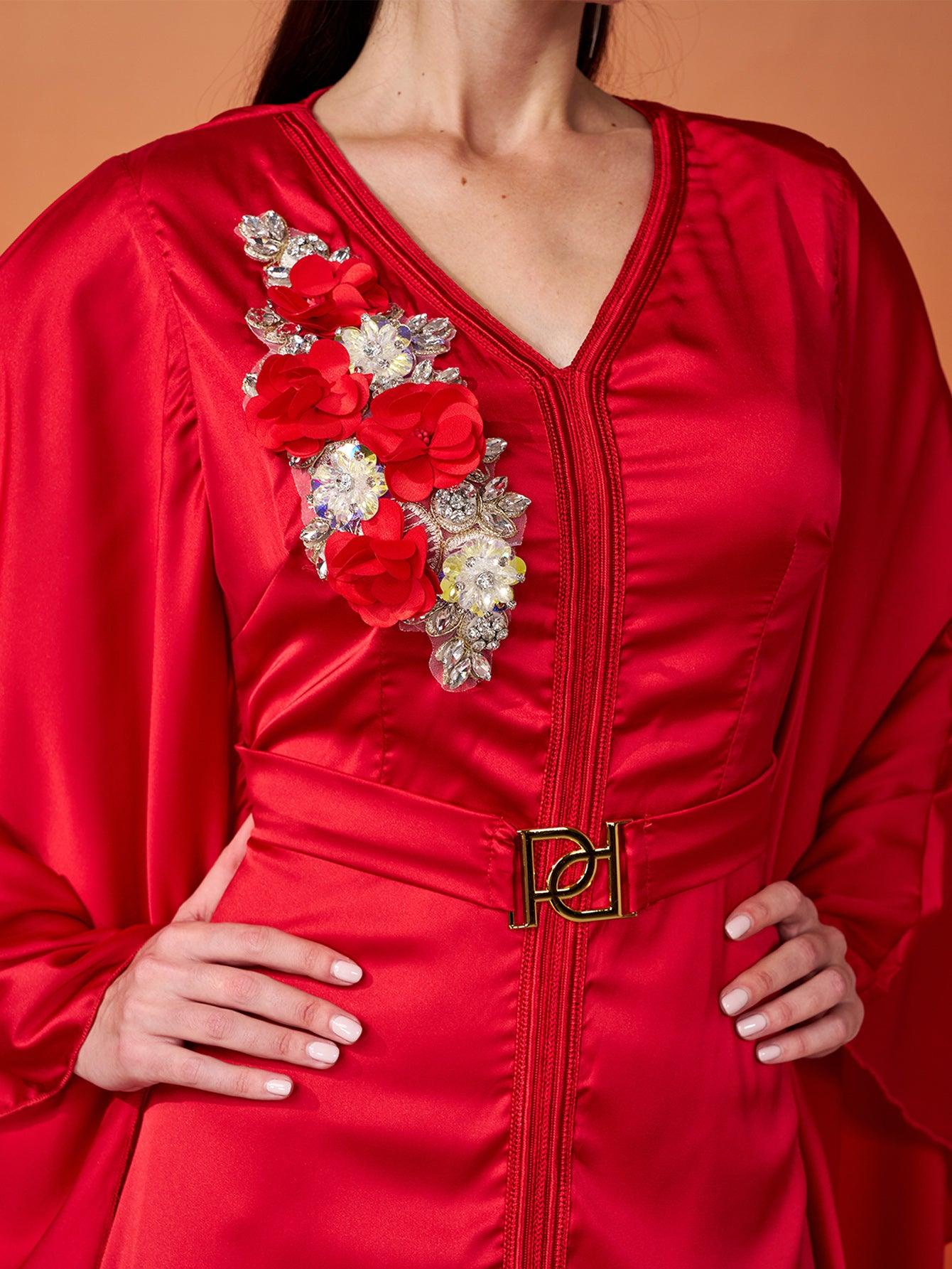 Vestido elegante de cetim com manga em V e decote em morcego MES00420
