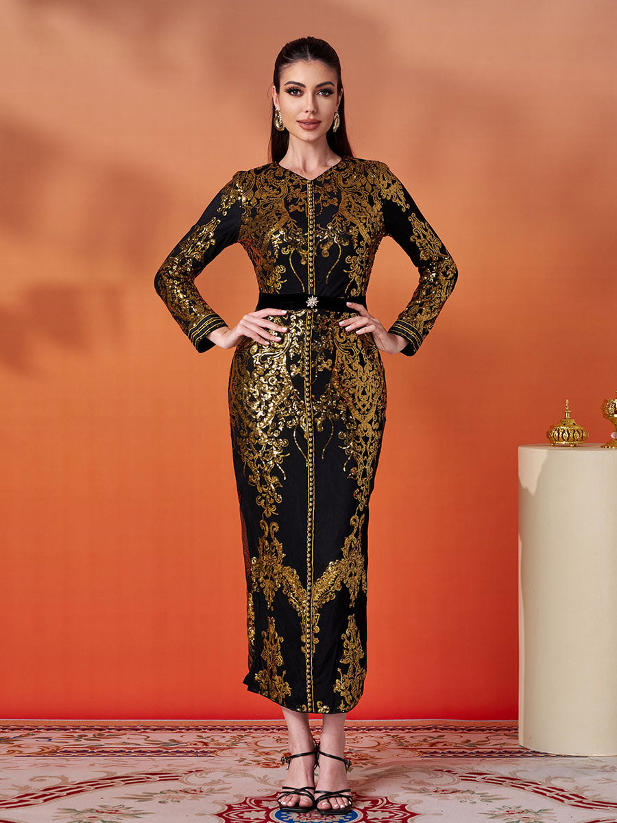 Vestido formal de cintura alta com lantejoulas em contraste MES00431
