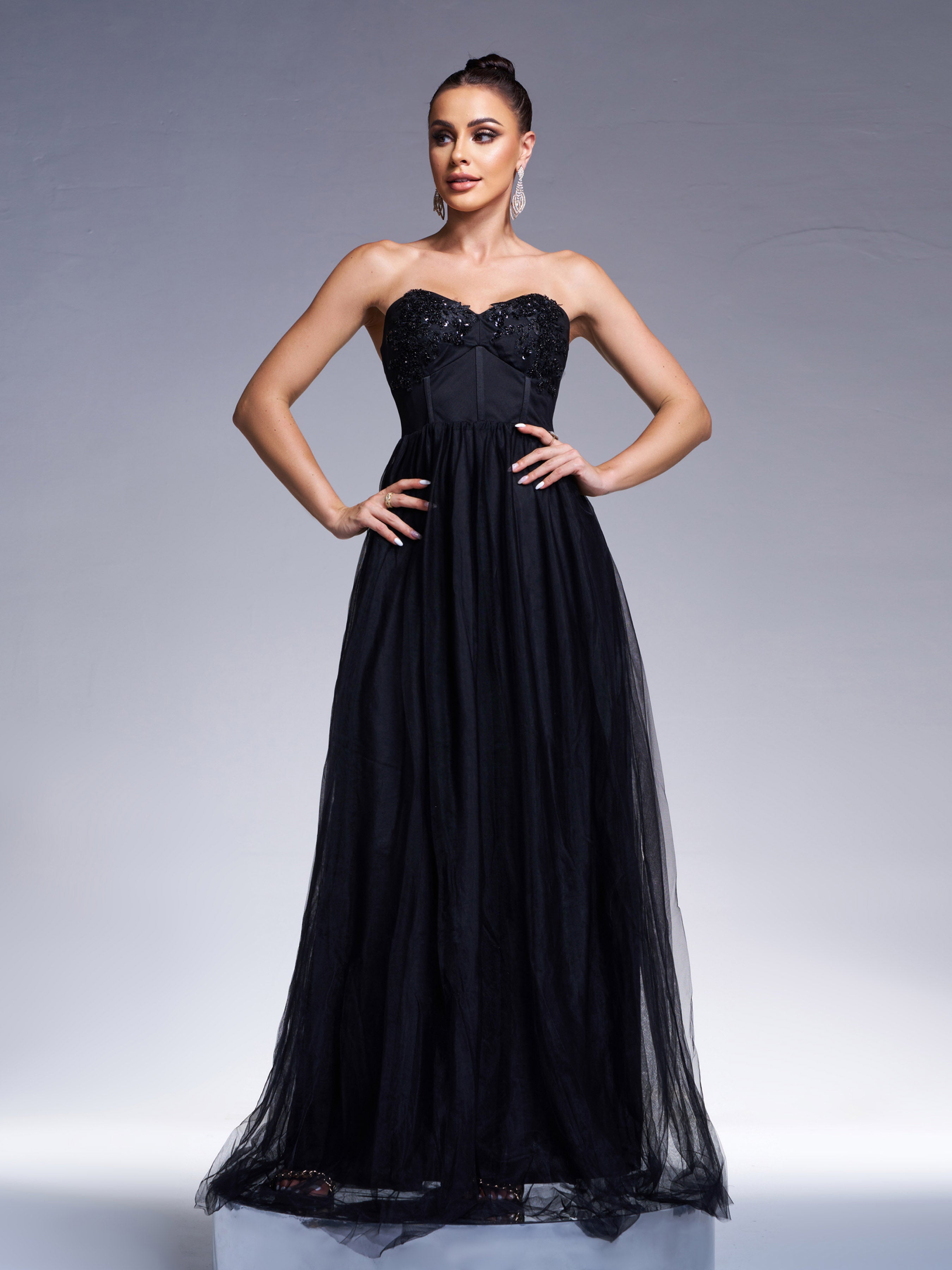 RH30953 Sequin Tulle A-Line Kjole med Tube Top