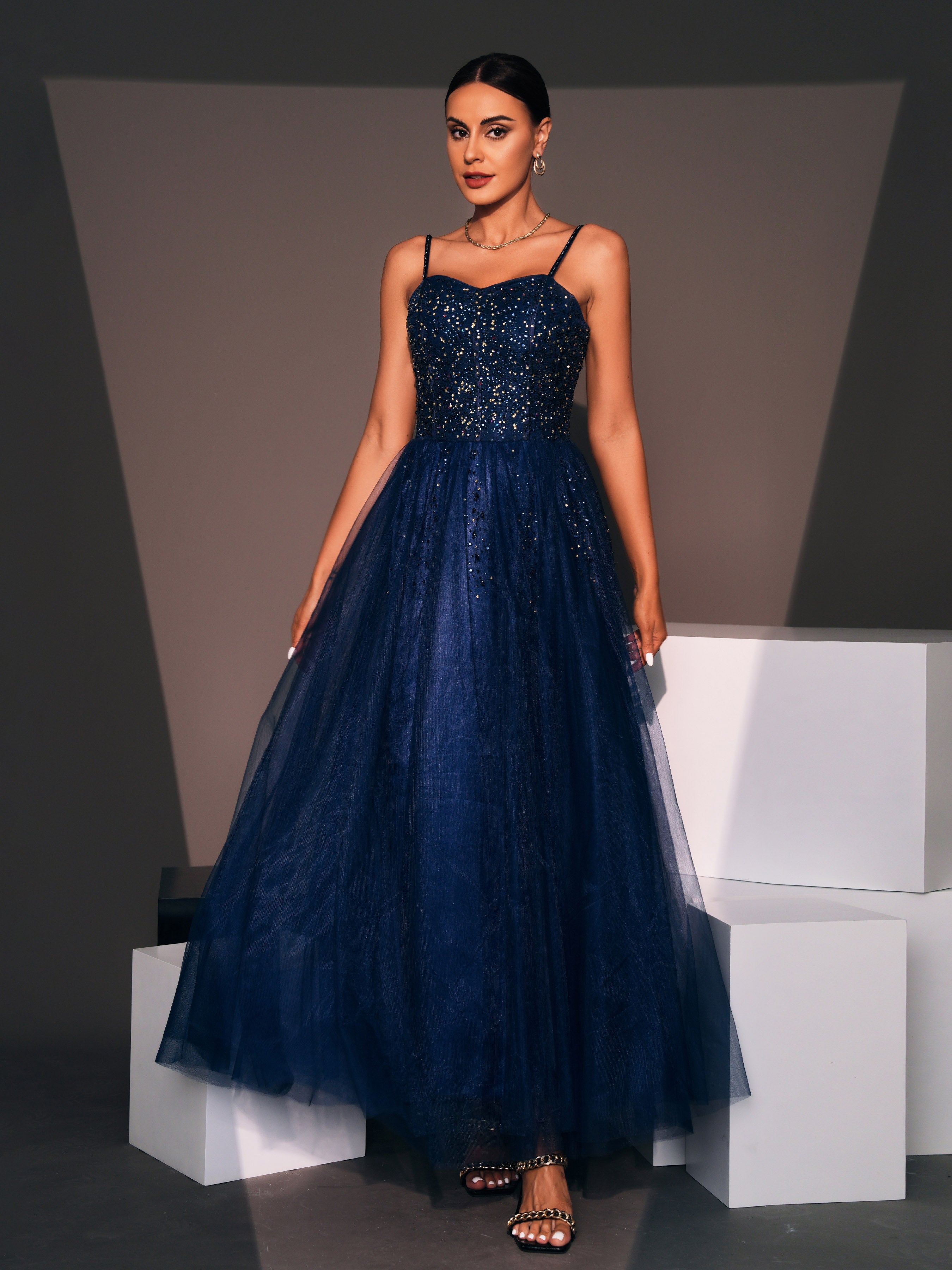 GM90058 Rhinestone Spaghetti Strap Mesh Dress