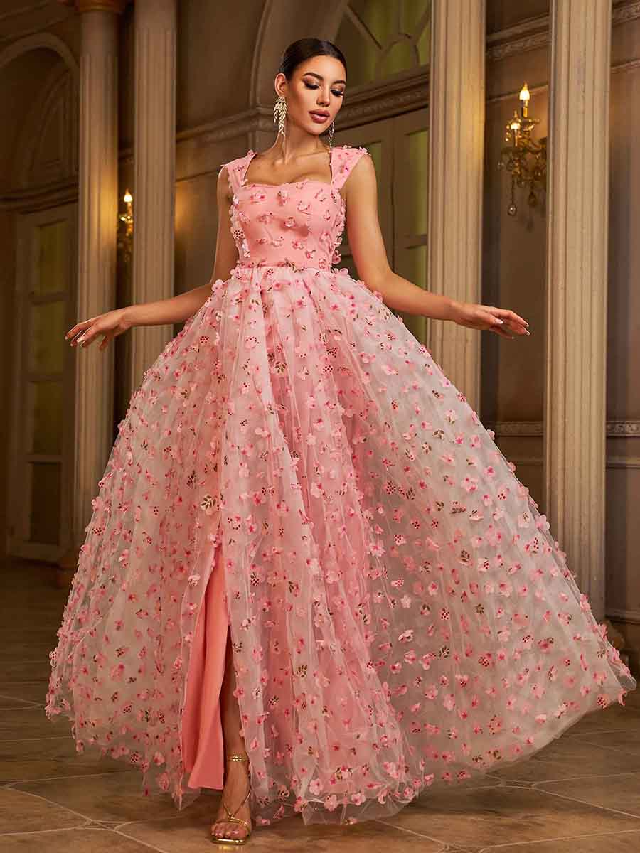 Vestido de tule floral com apliques e camisola cor-de-rosa GM00142