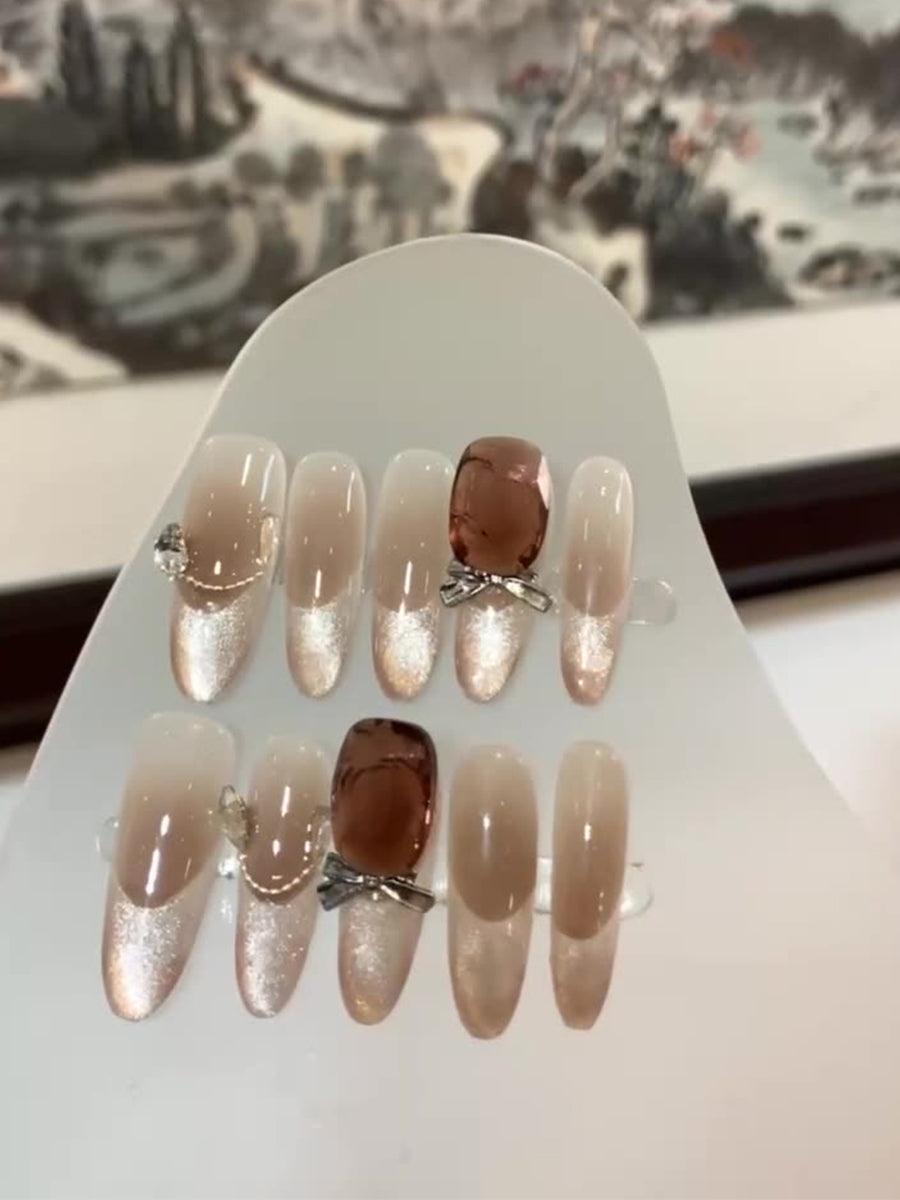 Falske negle, diamantmønster og brun glitter, LF377