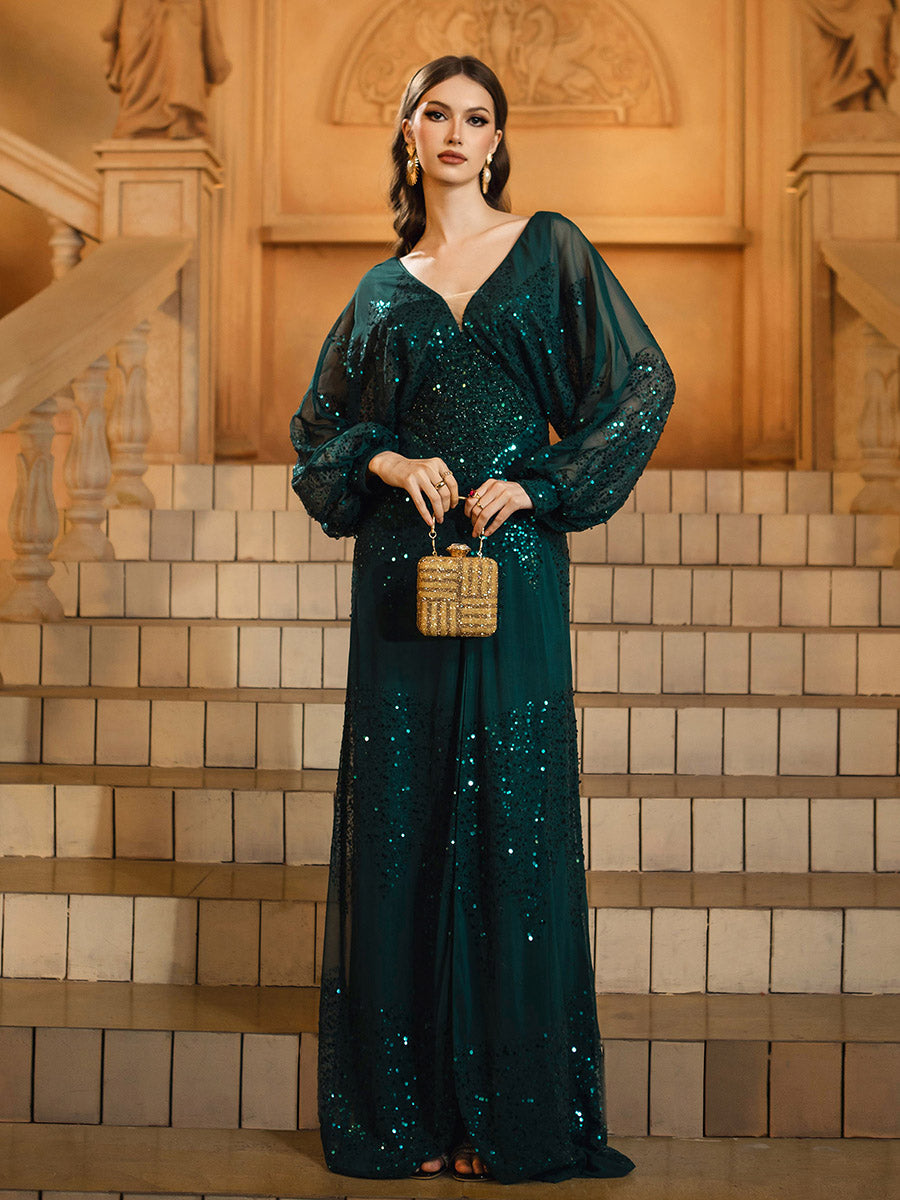 Vestido de Baile Preto com Manga Lanterna e Decote em V e Fenda Alta RM21107