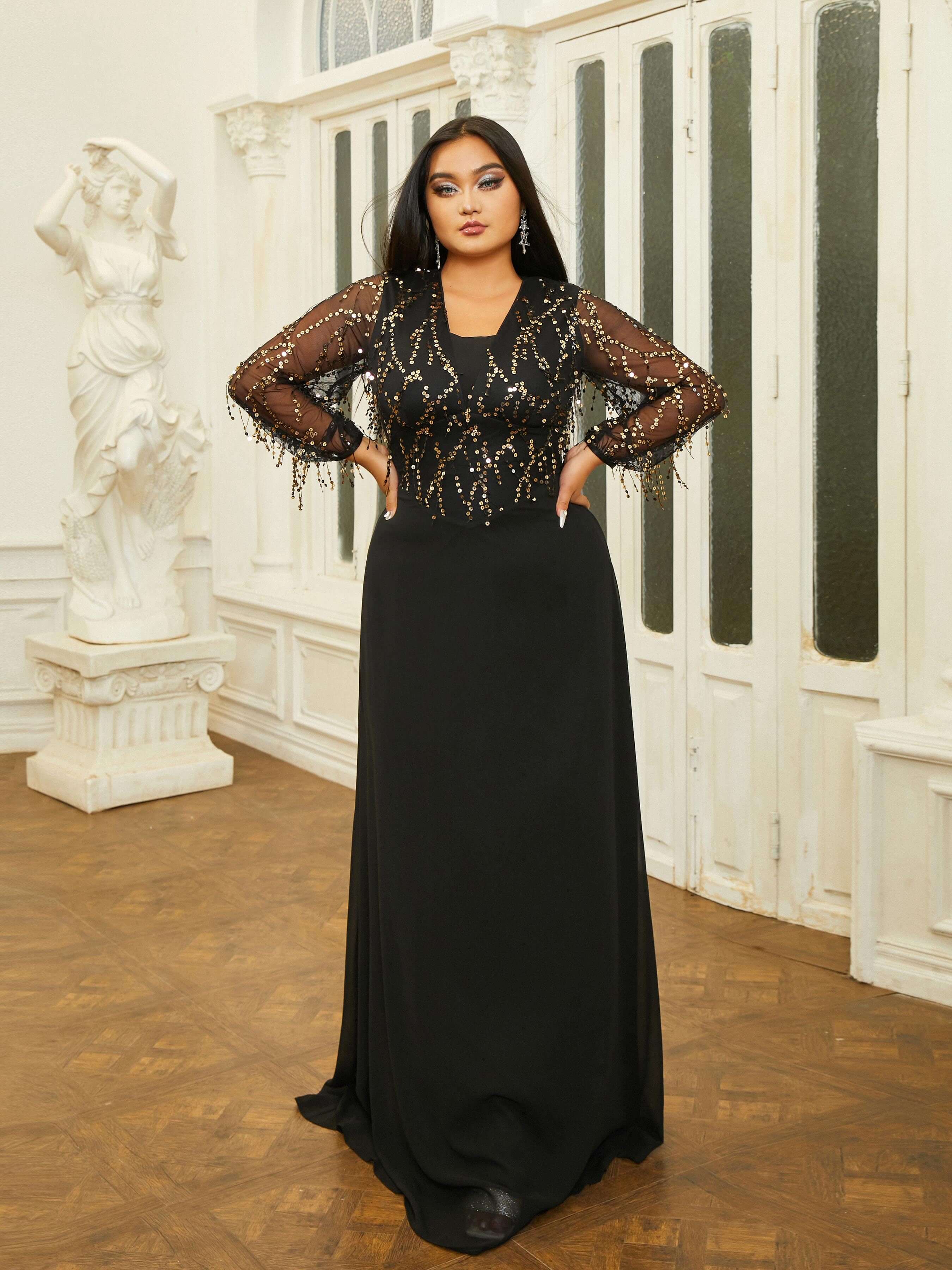 Plus Size Panel V-hals A-line Prom Dress PRM20910