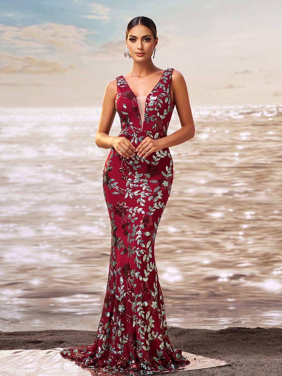 Vestido de baile sereia floral com decote em V e lantejoulas RJ10790