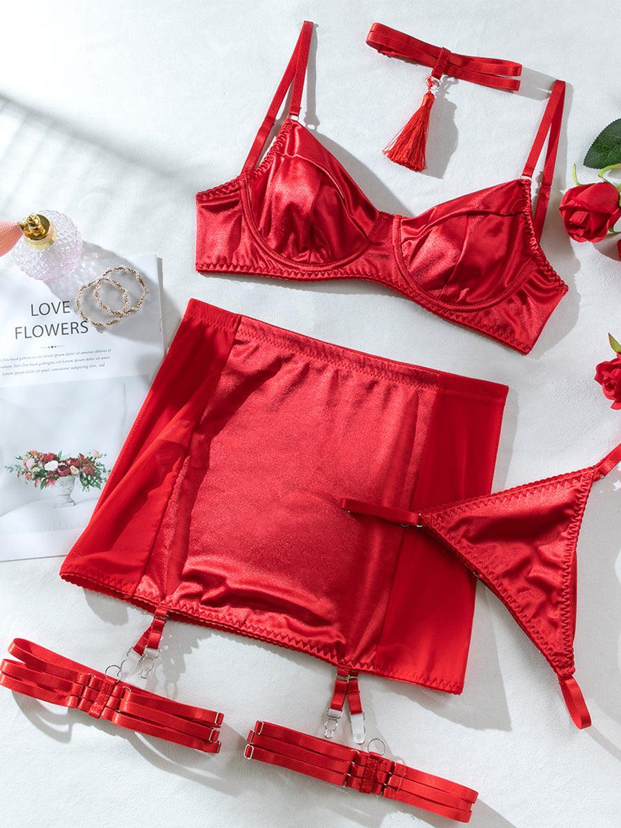 Conjunto de 4 peças de lingerie sexy com borlas de cetim MSL032