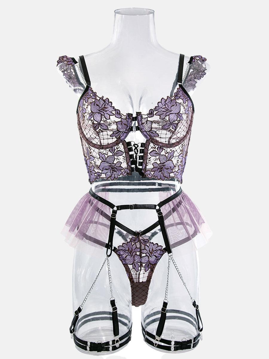 MSL026 Sheer Floral 4-delt lingerisæt