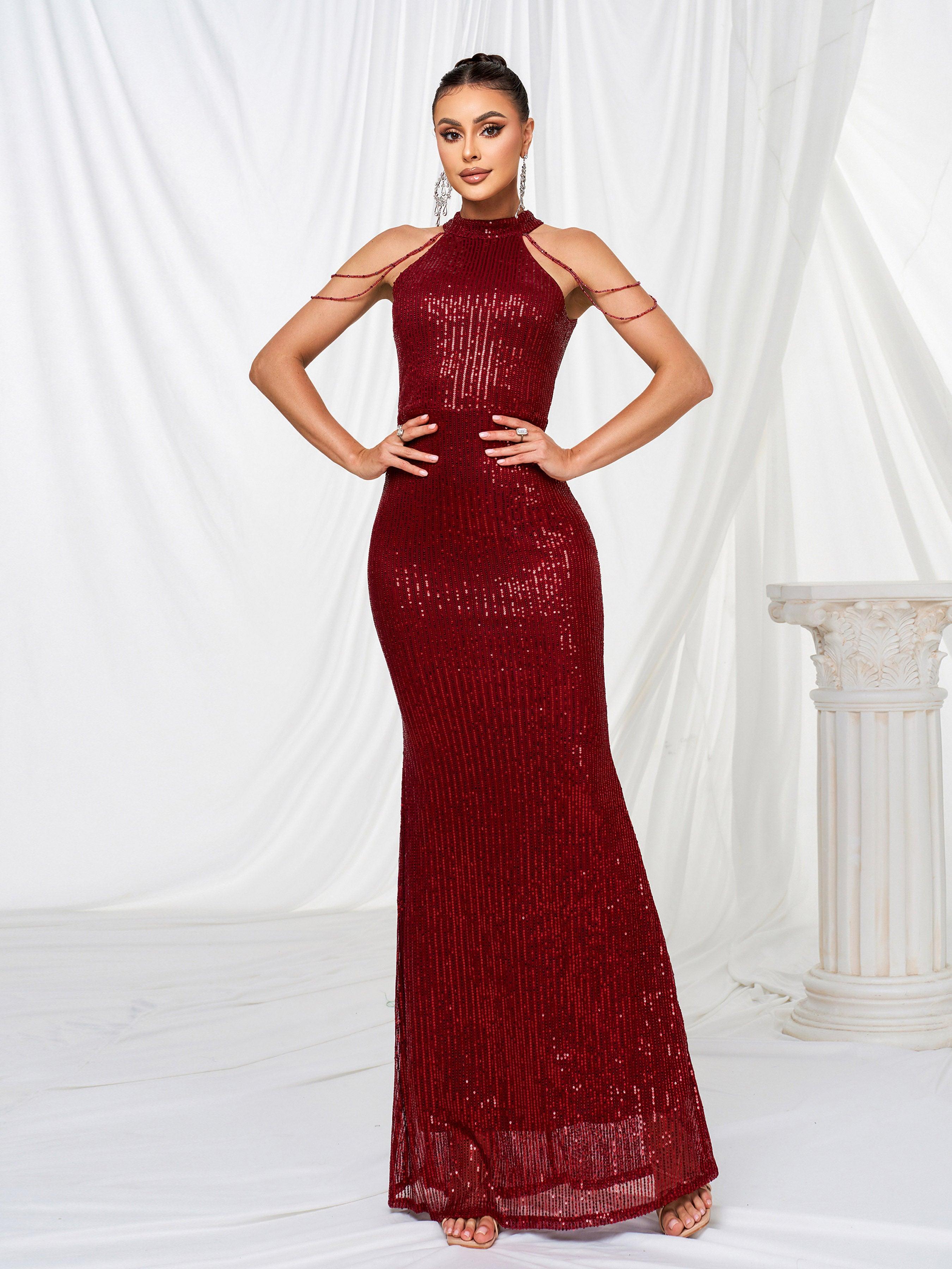 Vestido de baile formal com lantejoulas e decote haltere RJP1081