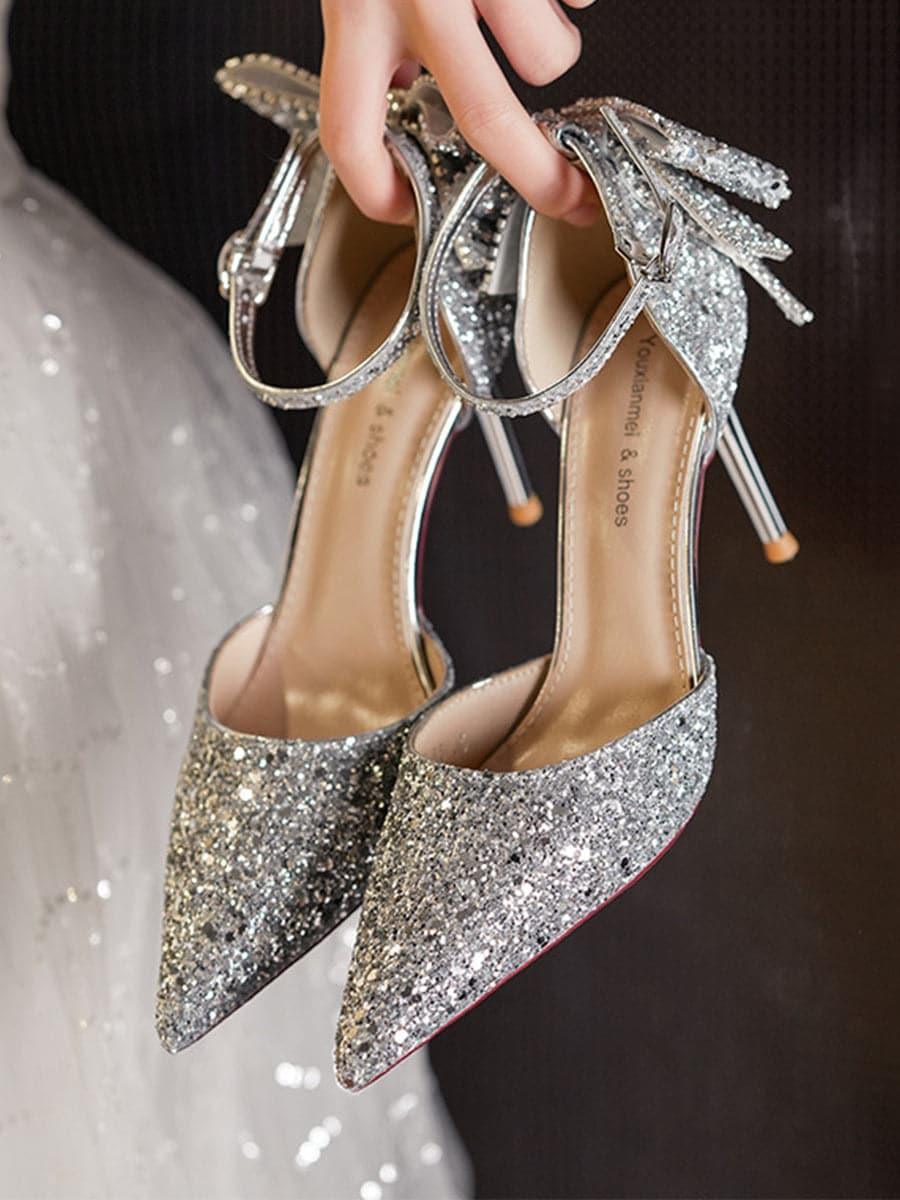 Sapatos de salto alto com decoração de lantejoulas e laço MHE1062