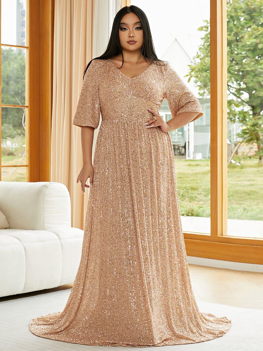 Plus V Neck Sequin Apricot Aftenkjole PXJ2647