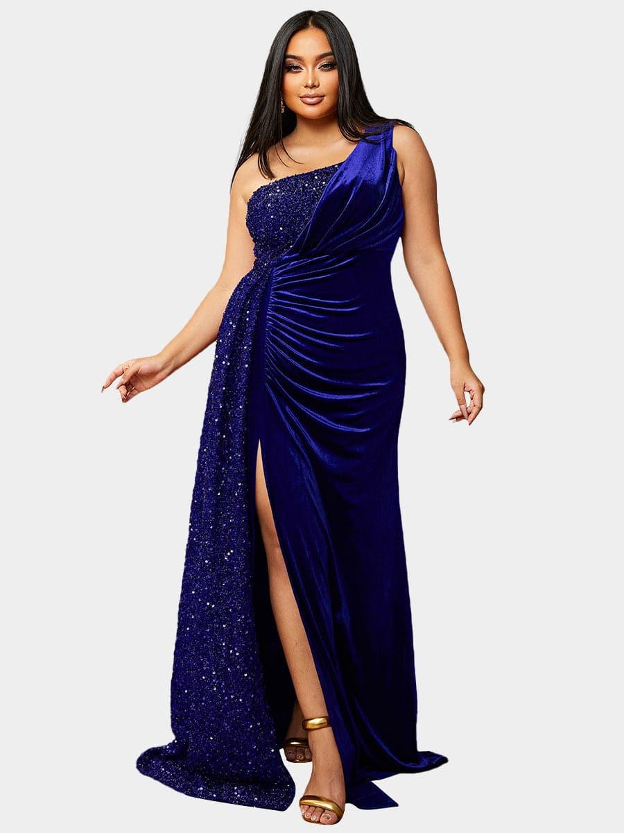 Vestido de baile de lantejoulas drapeado com um ombro, borgonha, tamanho grande PXH2356