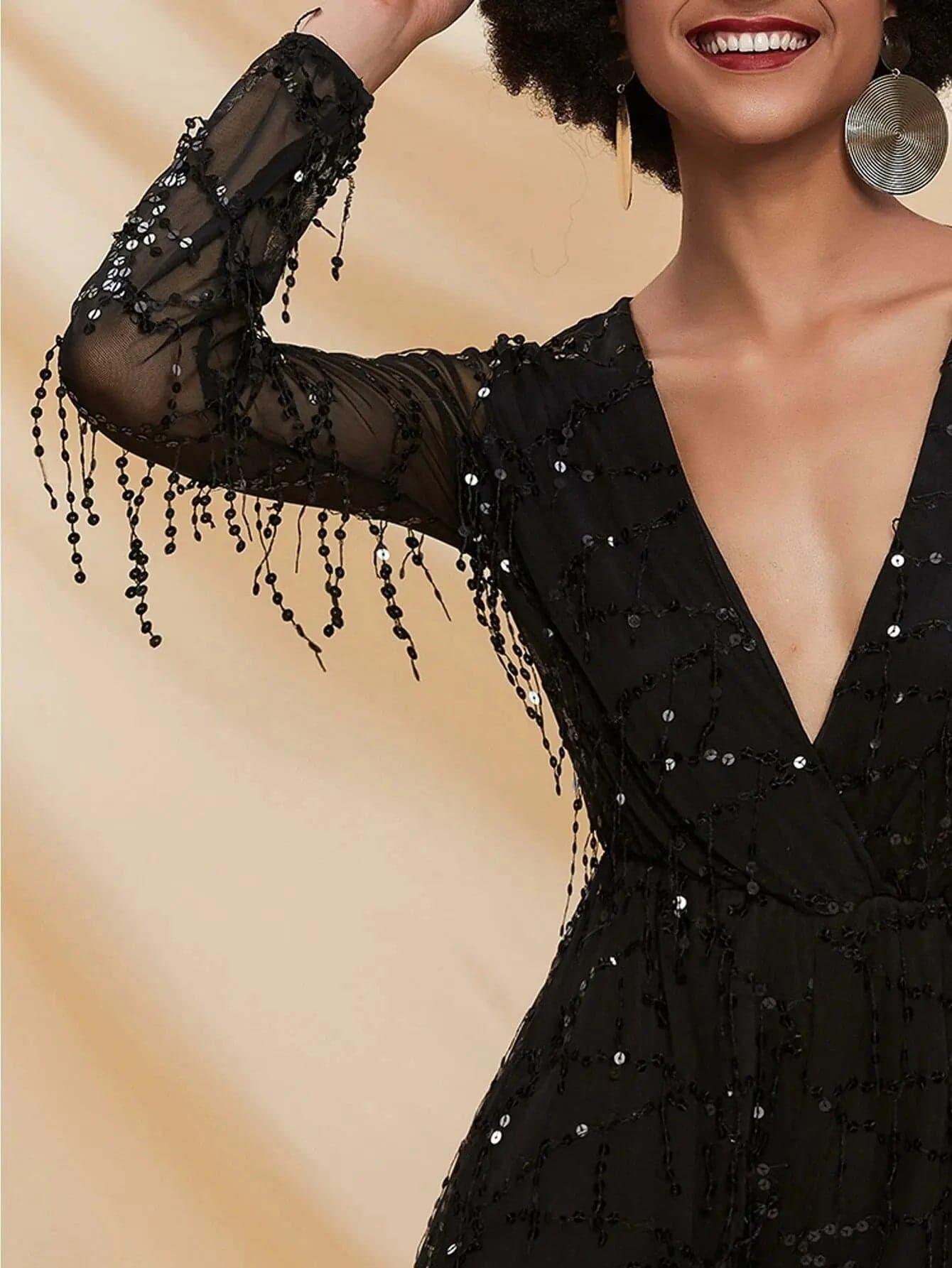 Romper profonde FT2800 de maille de paillette de douille pure de décolleté en V