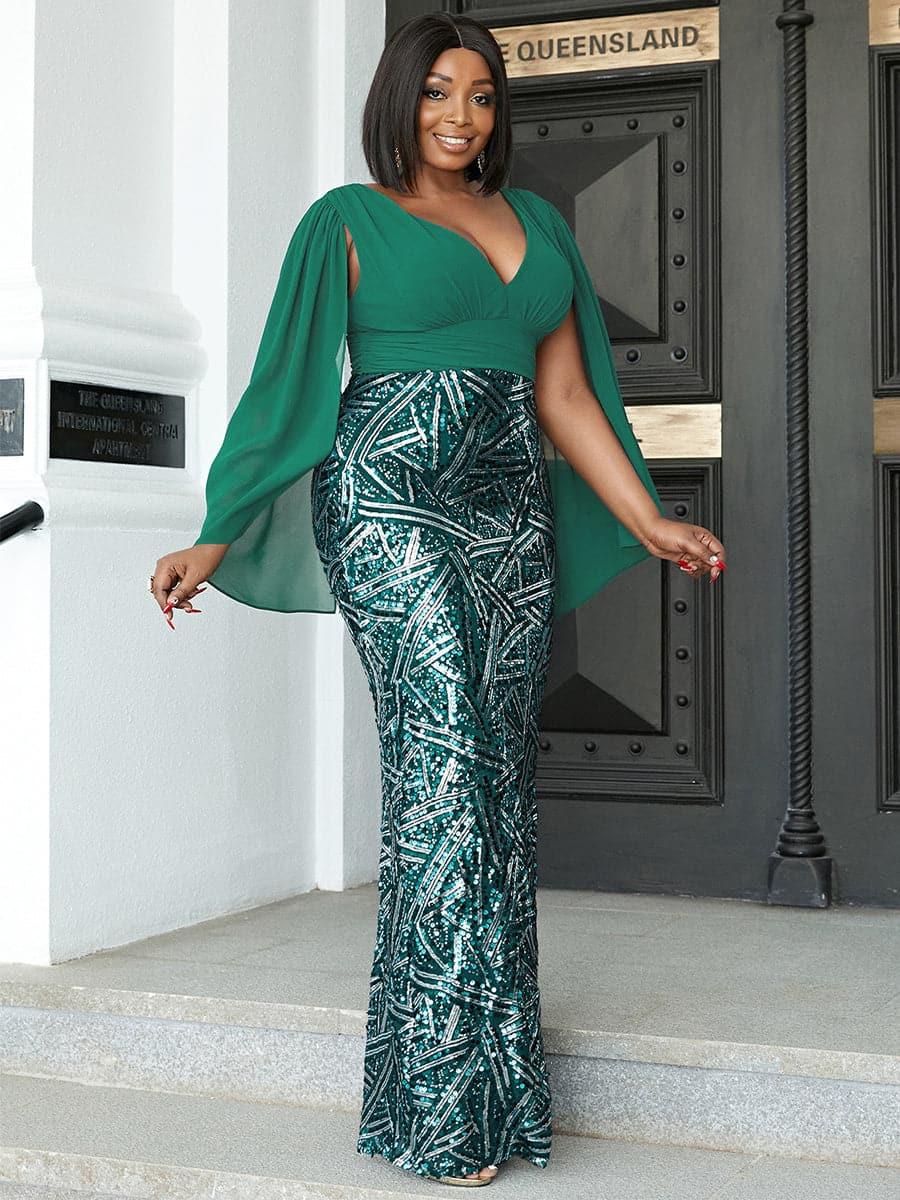 Plus Size Maxikjole med paljettpanel og V-hals i mesh PXH2285