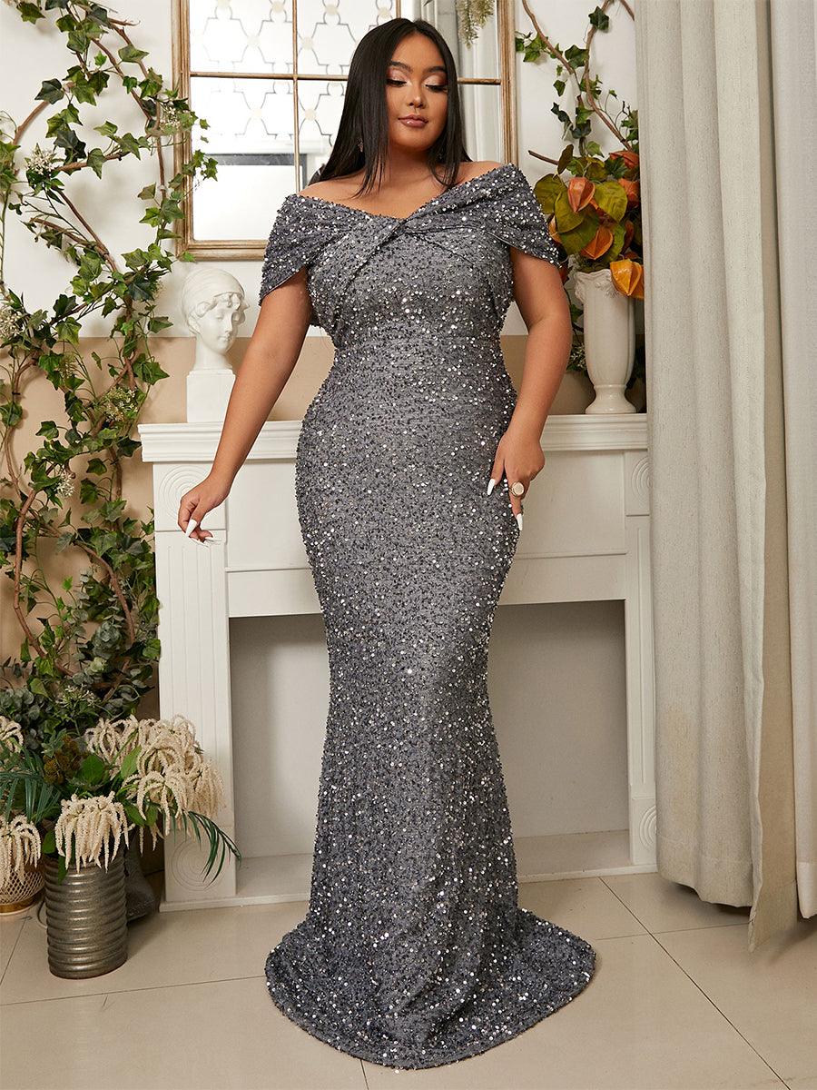 Plus Size havfruekjole med paljett uten skulder PWY108