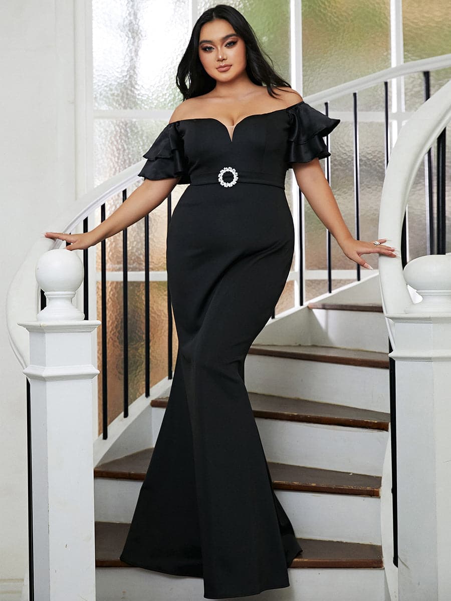 Plus Size svart off shoulder Lotus-ermet havfrue-kveldskjole PWY111