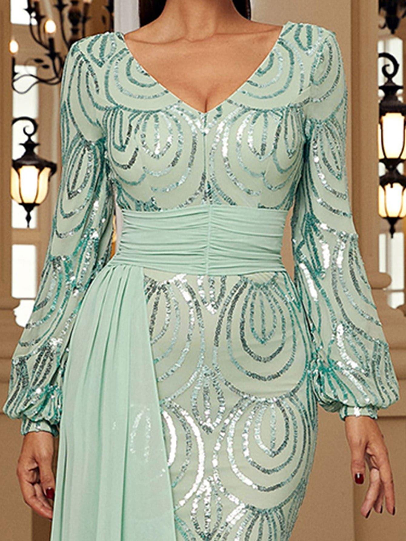 Vestido formal drapeado com lantejoulas e manga comprida XJ1524
