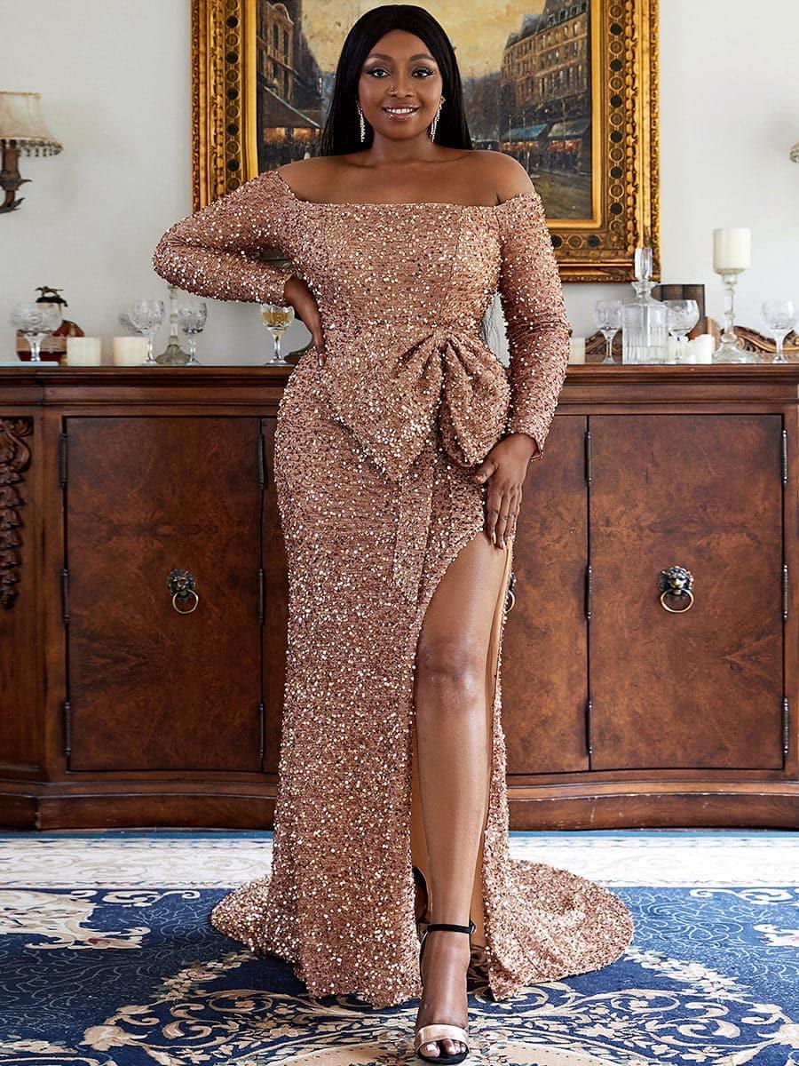 Vestido formal com nó e laço para tamanhos grandes PXH2122