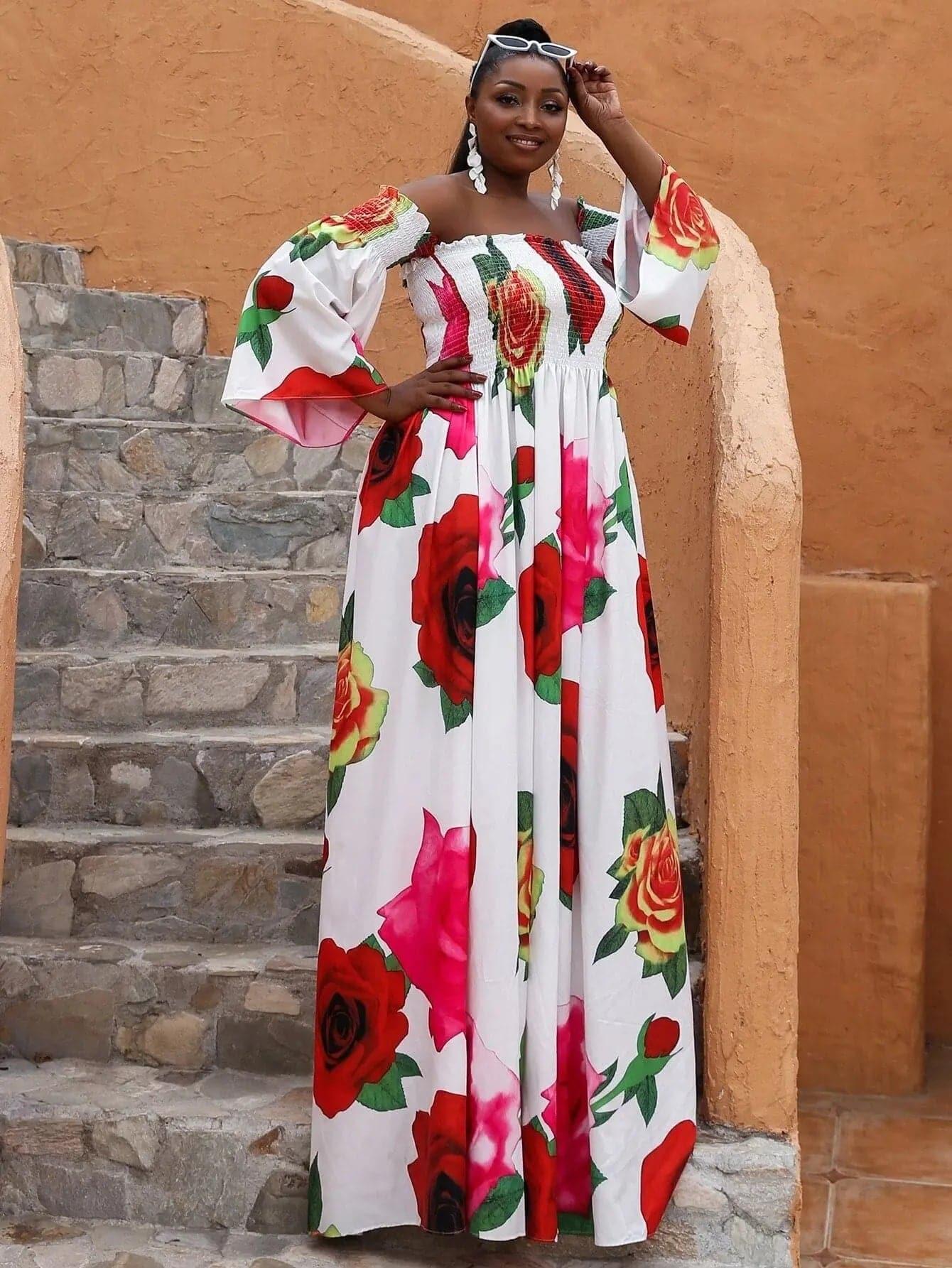Missord Plus P0121 Vestido Bardot Estampado Floral Ruched