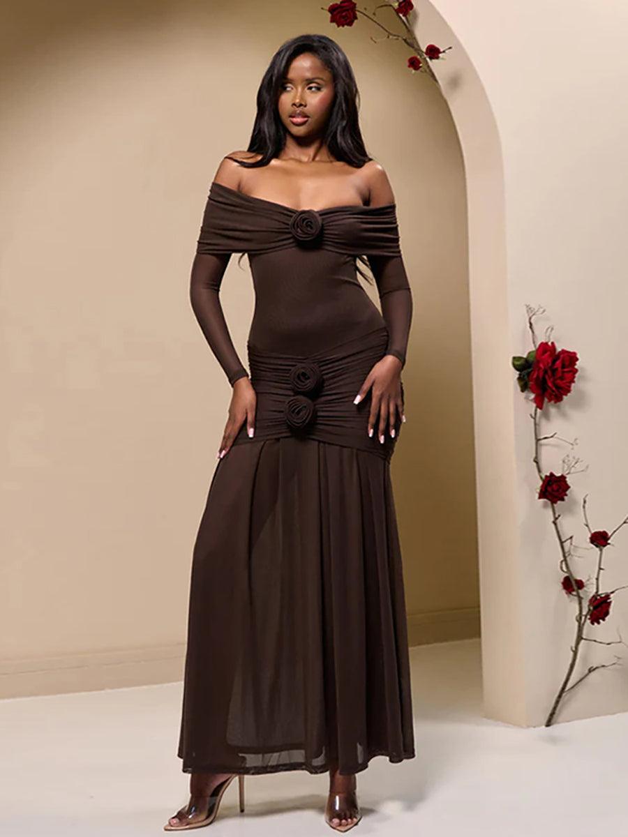 Vestido de baile com folhos florais e sem ombros MYC2028
